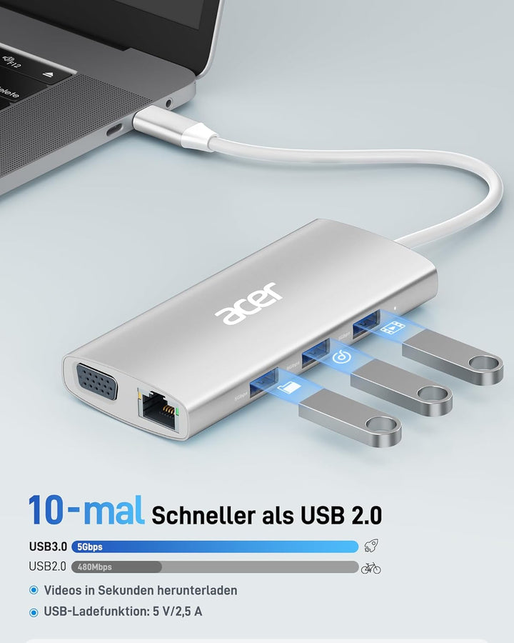 Acer USB-C-Hub mit 4K HDMI, 9-in-1-USB-C-zu-Ethernet-Adapter, 5-Gbps-USB-A-3.1-Dockingstation, PD-10