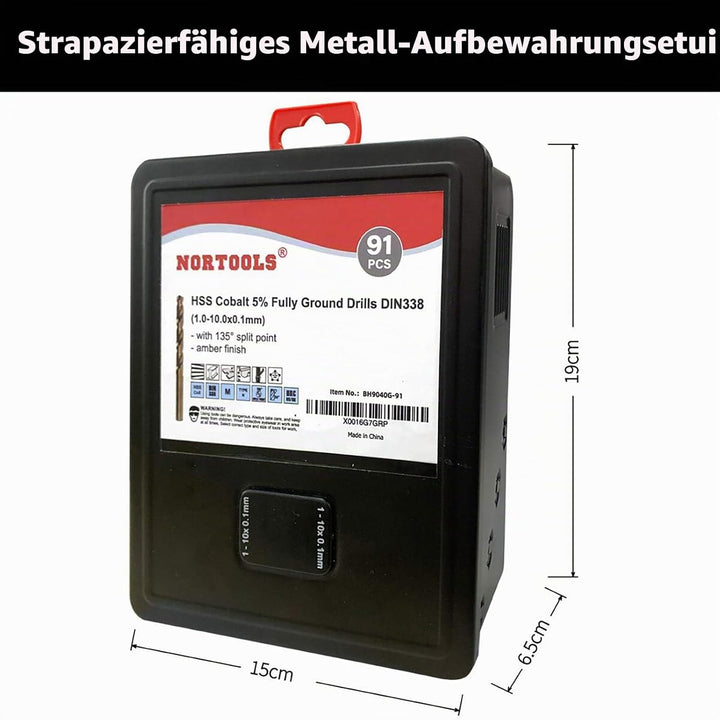 NORTOOLS 91 Stück HSS M35 Kobalt 5% vollständig geschliffene Bohrer DIN338 mit 135 ° Split Point 1,0