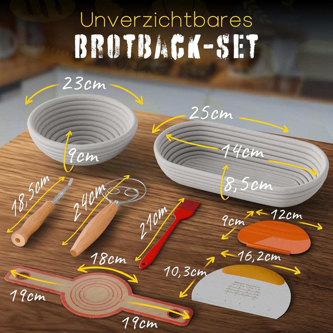 Brot Gärkorb Set 13-teilig – 2x Profi Gärkörbchen Rund & Oval (23 & 25 cm) aus 100% Rattan | Komplet