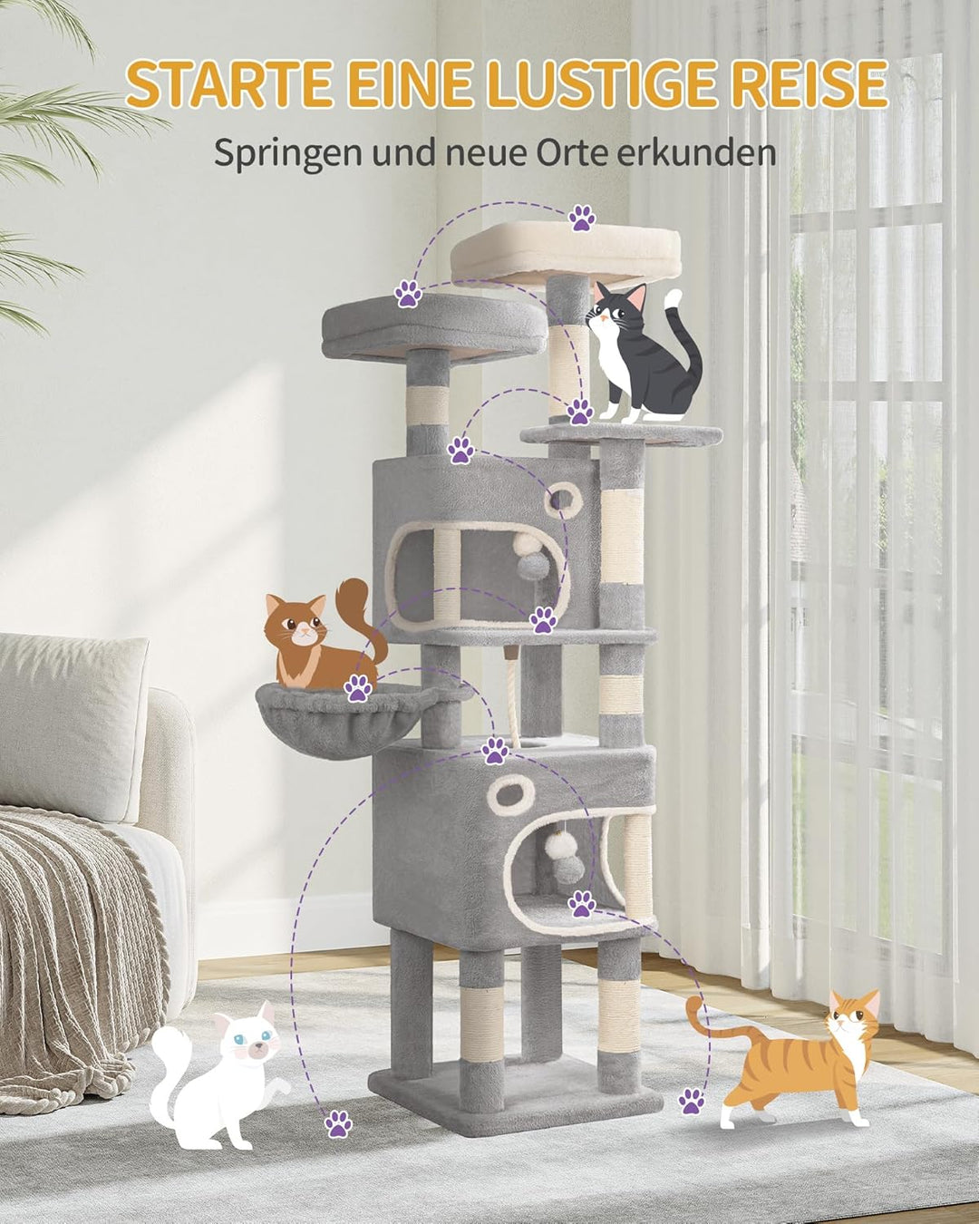 Hzuaneri Kratzbaum, 159 cm Katzenbaum mit 8 Kratzsäulen, 3 Plattformen, 2 Höhlen, Korb, Plüschbälle,