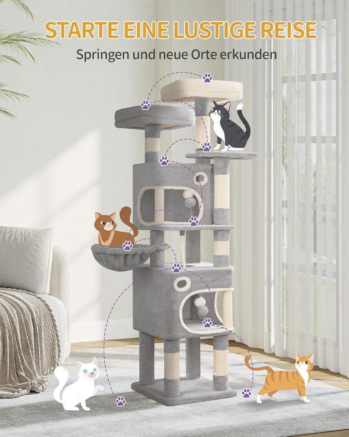 Hzuaneri Kratzbaum, 159 cm Katzenbaum mit 8 Kratzsäulen, 3 Plattformen, 2 Höhlen, Korb, Plüschbälle,