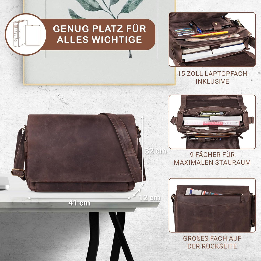 STILORD 'Tom' Vintage Leder Umhängetasche für Studium Uni Büro Arbeit 15 Zoll Laptoptasche DIN A4 Sc