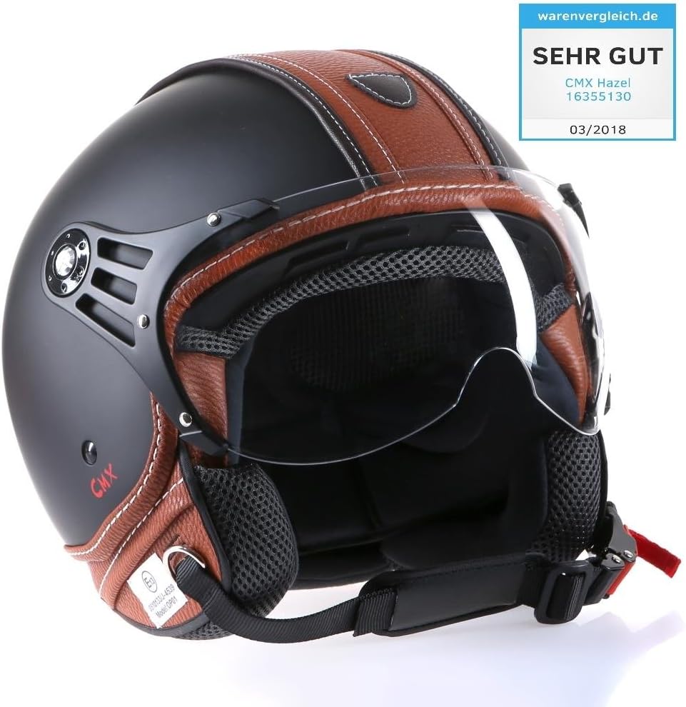 Motorradhelm Jethelm Rollerhelm CMX Hazel Grösse L matt schwarz mit braunem Leder und klarem Visier