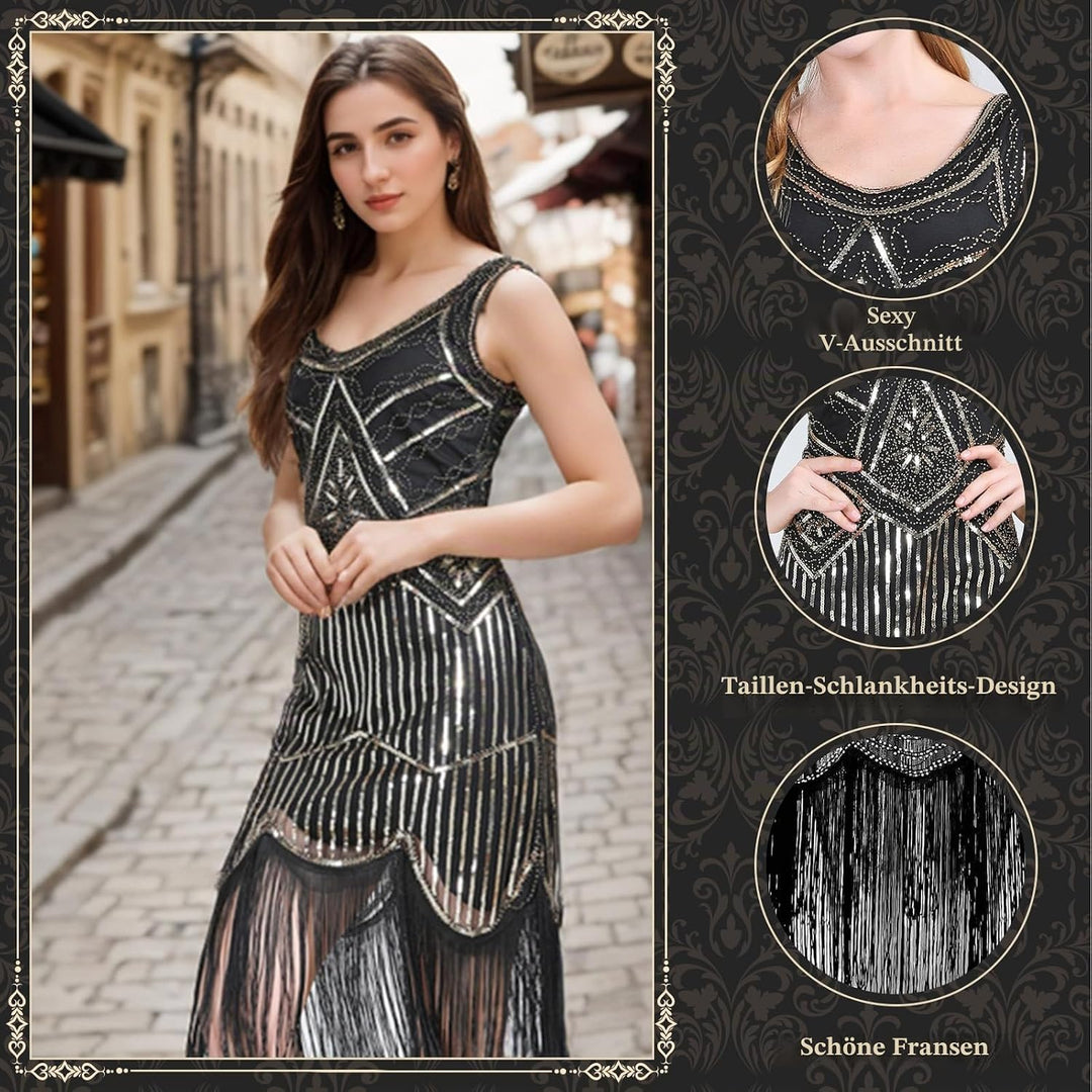 FEPITO 1920er Jahre V-Ausschnitt Pailletten Perlen Fransen Kleid mit 20er Jahren Zubehör Set Pure Bl