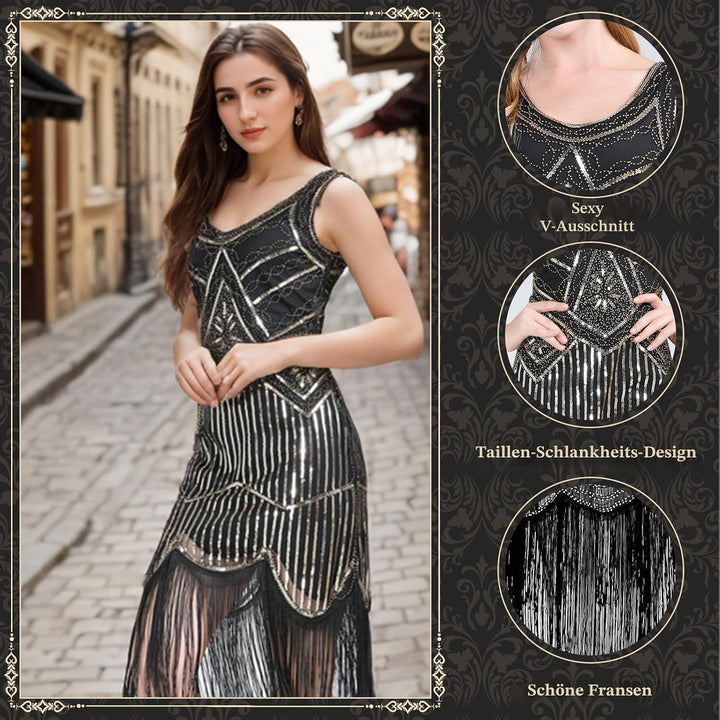 FEPITO 1920er Jahre V-Ausschnitt Pailletten Perlen Fransen Kleid mit 20er Jahren Zubehör Set Pure Bl