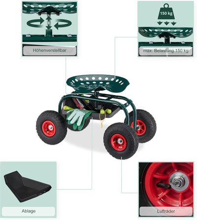 Relaxdays fahrbarer Gartensitz, höhenverstellbar, 150 kg, Stauraum, Rollsitz für Gartenarbeit, Stahl