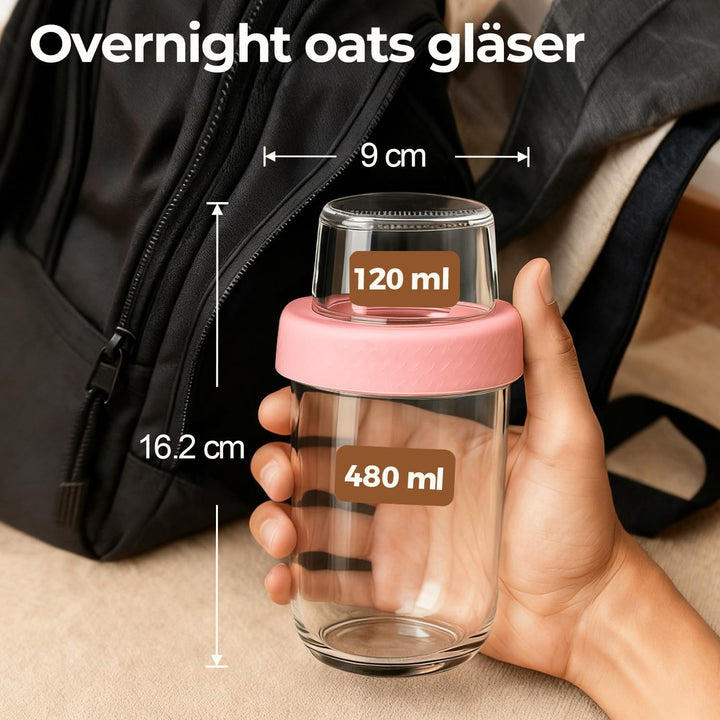 ComSaf Müslibecher to Go 4er Set, 480 ml Overnight Oats Gläser aus Glas mit 120 ml Topping-Fach, Jog