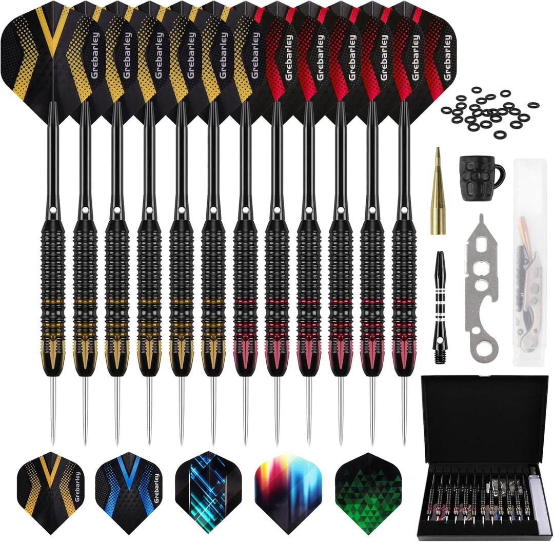 Grebarley Dartpfeile mit Metallspitze,12 Stück Profi Steeldarts 18 Aluminium Schaft mit 9 Flights 20