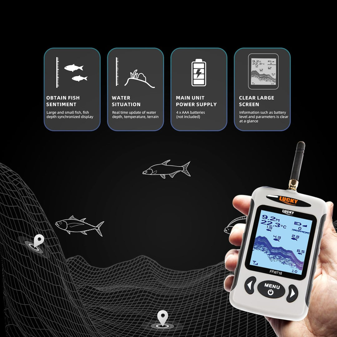 LUCKY Drahtloser Fischfinder Sonarsensor Tragbarer Sonar Fischfinder LCD Display Tiefenmesser zum An
