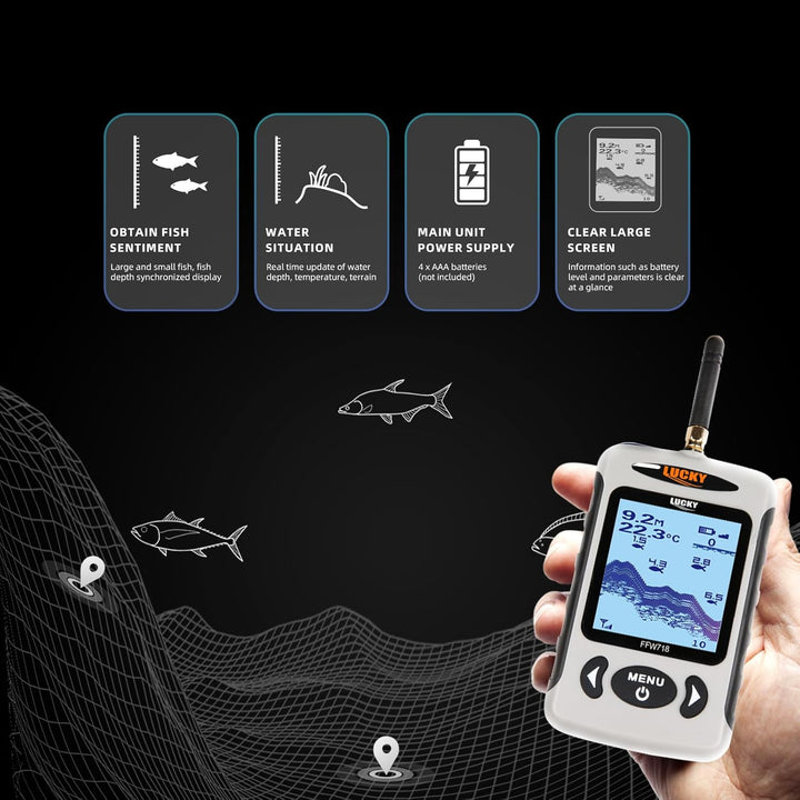 LUCKY Drahtloser Fischfinder Sonarsensor Tragbarer Sonar Fischfinder LCD Display Tiefenmesser zum An