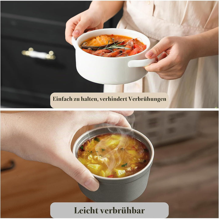 MALACASA Suppenschalen mit Griffen, 800 ML Porzellan Suppenschalen Set von 4, Elfenbein weiss servie