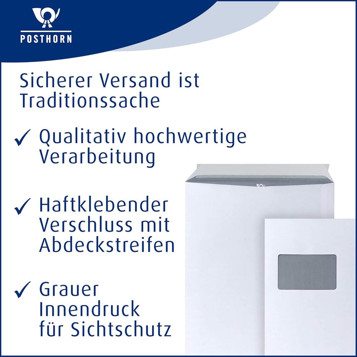 POSTHORN Versandtasche C4 (250 Stück), haftklebende Versandtaschen mit Fenster, weisse Versandtasche