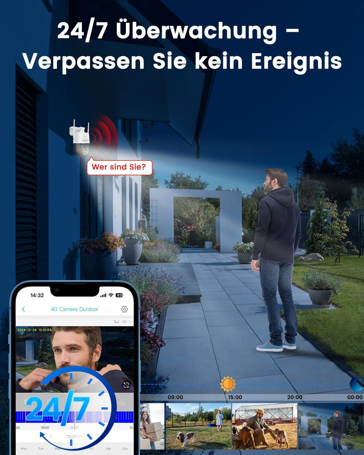 Bextgoo Überwachungskamera mit SIM Karte, 4MP 4G LTE Überwachungskamera ohne WLAN, 360° PTZ Blickwin