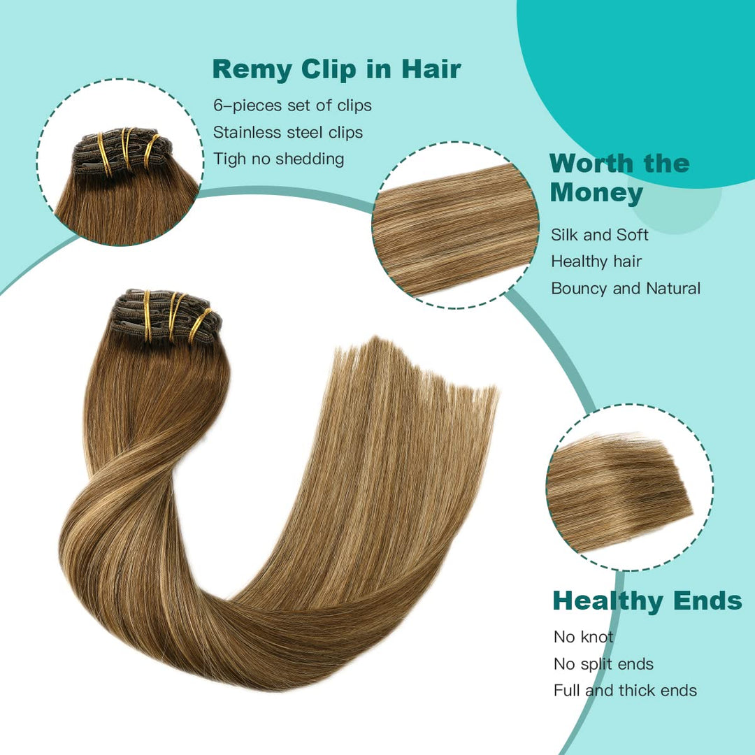 SURNEL Haarverlängerung Echthaar Clip 6pcs/120g Balayage Dunkelbraun mit Karamellblond Echthaar Exte