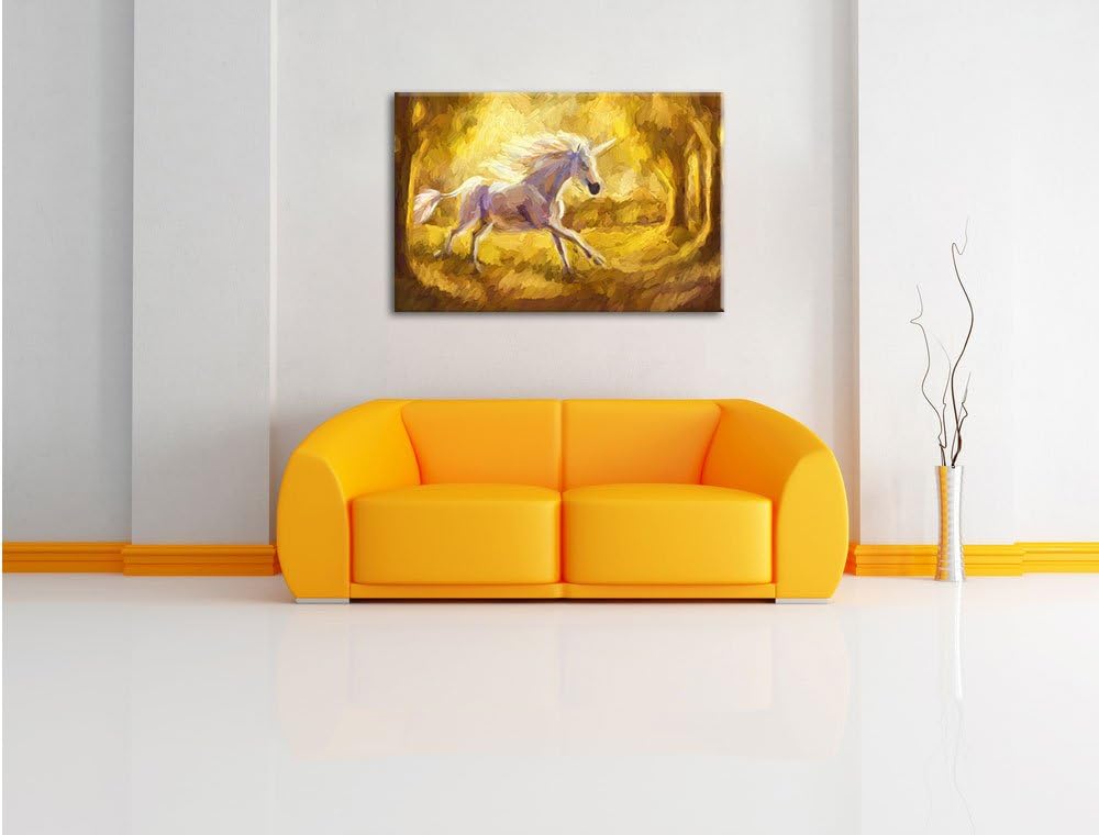 Pixxprint Einhorn im Wald / 100x70cm Leinwandbild bespannt auf Holzrahmen/Wandbild Kunstdruck Dekora
