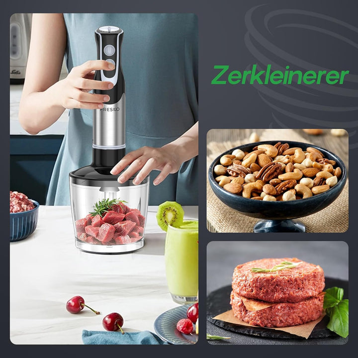 FRESKO 4-in-1 Stabmixer Edelstahl, 1000W Pürierstab mit 12 Geschwindigkeiten und Turbo-Modi, Inklusi