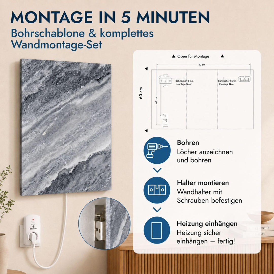 Marwona Naturstein Infrarotheizung mit Digitalthermostat I Qarama 800 W I Energiesparende Marmor Inf