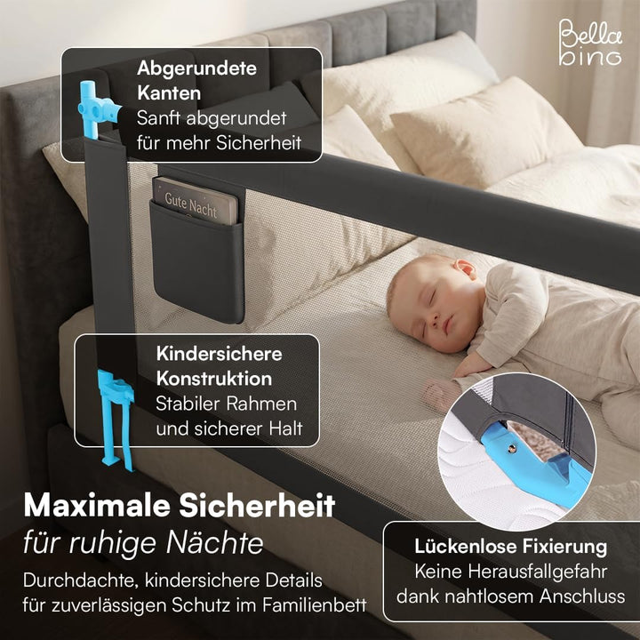 Bellabino Drina Rausfallschutz 150 cm, mit Sicherheitsgurt, Dunkelgrau | Bettschutzgitter, Bettgitte