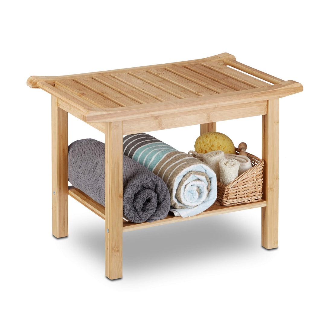 Relaxdays Badezimmer Bank Bambus, Sitzbank Bad, Ablage Badhocker Holz, HxBxT: 45 x 66 x 40 cm, Badez