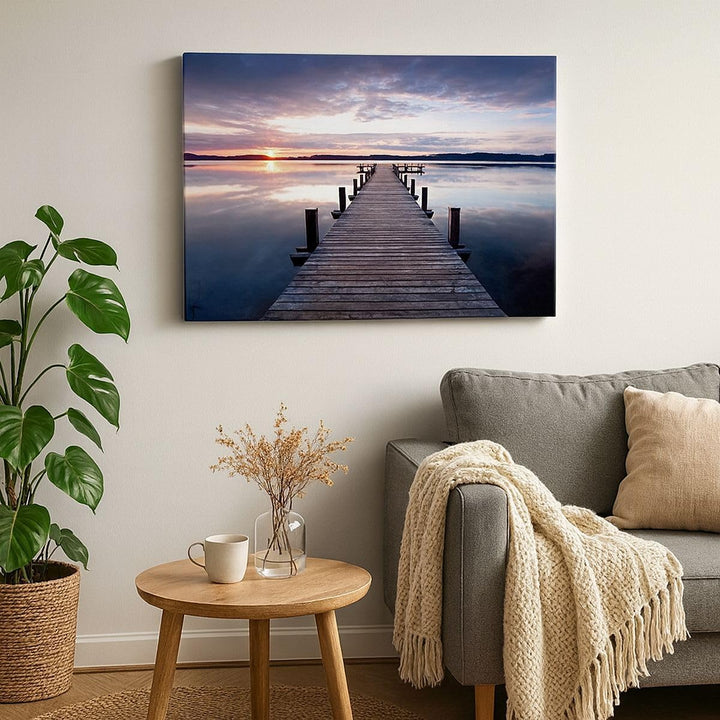 Bilder auf Leinwand 100x70cm Leinwandbild Fussgängerbrücke See Sonnenuntergang Abend Gross Wanddeko