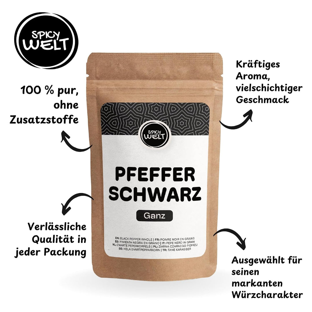 Spicy Welt Schwarzer Pfeffer Ganz (500g) – Pfefferkörner | Ungemahlener Schwarzer Pfeffer | für Pfef