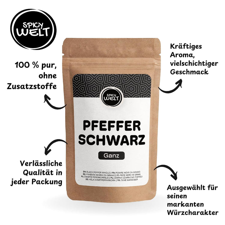 Spicy Welt Schwarzer Pfeffer Ganz (500g) – Pfefferkörner | Ungemahlener Schwarzer Pfeffer | für Pfef