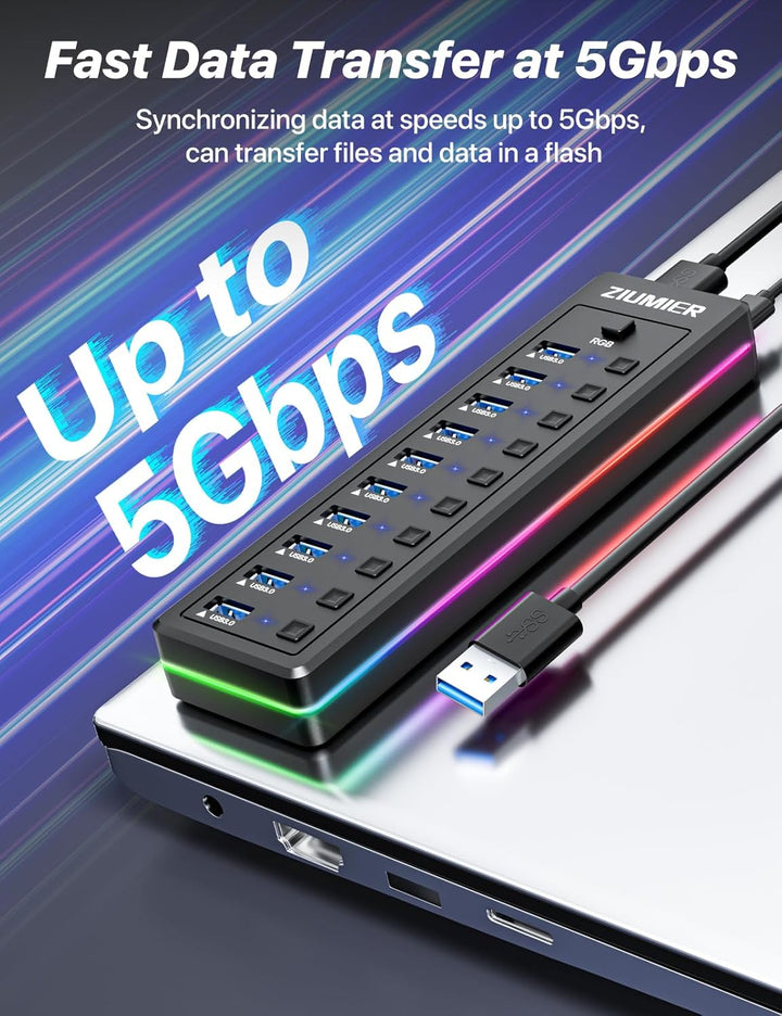 Powered USB Hub, 10-Port USB 3.0 Hub mit RGB LED Strip -5Gbps Datenübertragung, individuelle LED On/