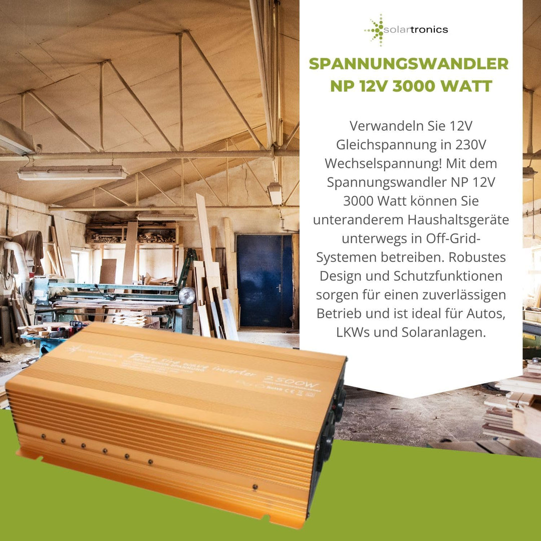 Wechselrichter - Spannungswandler 12V 300 bis 3000 Watt reiner SINUS mit echtem Power USB 2.1A Gold