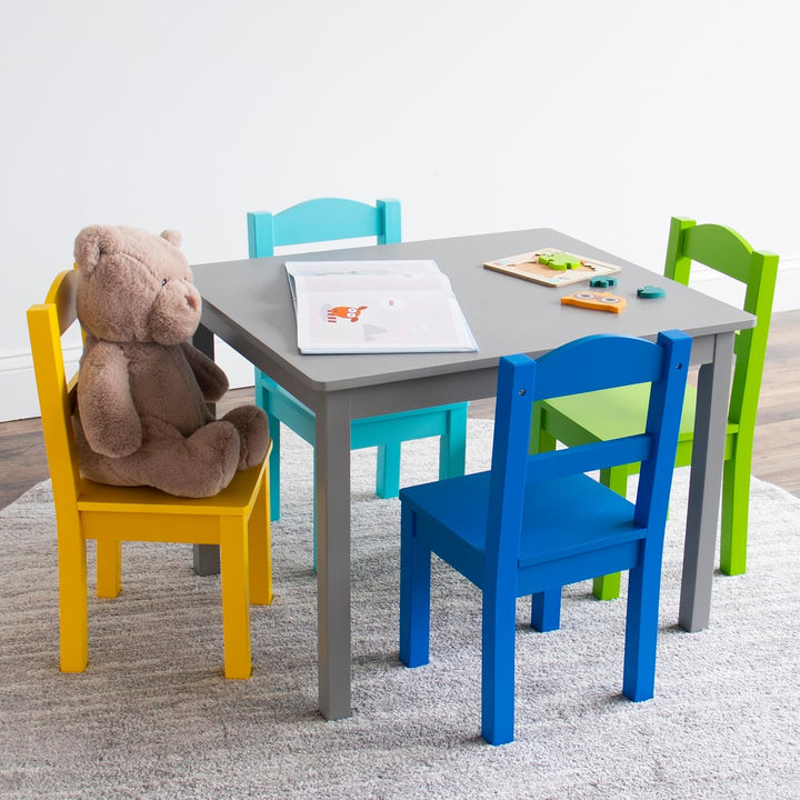 Humble Crew bunter Holztisch für Kinder, Grau/Blau/Grün/Gelb! Mit 4 Stühlen, ideal für Kinderzimmer.