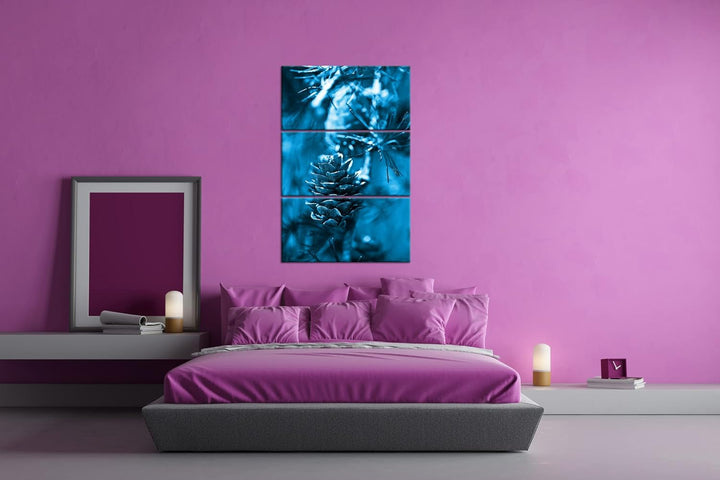 deyoli Tannenzapfen am Ast Format 120x80 3Teilig Effekt: Monocrome Blau als Leinwandbild, Motiv fert