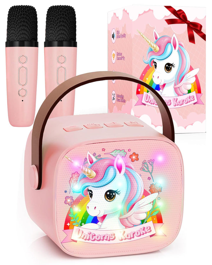 Karaoke Maschine Kinder mit 2 Bluetooth Mikrofon, Tragbarer Karaoke Drahtlosen Mikrofon mit LED-Lich