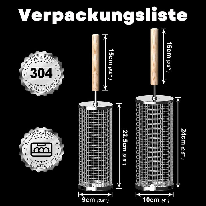 Ivtivfu Nestendes Rollendes Grillkorb Set mit Holzgriff (2 Stück, 24cm × 10cm), Rolling Grilling Bas