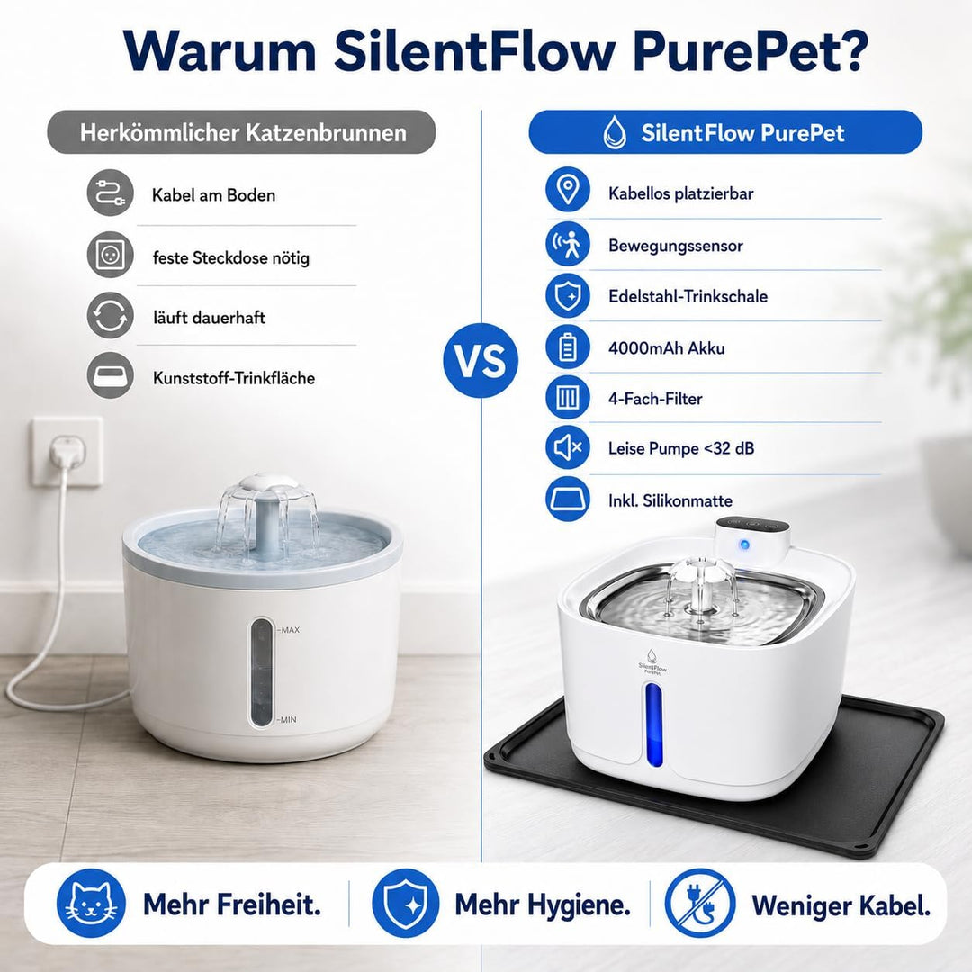SilentFlow PurePet Katzenbrunnen kabellos 3,2 L – Trinkbrunnen für Katzen &amp; kleine Hunde mit Bewegun