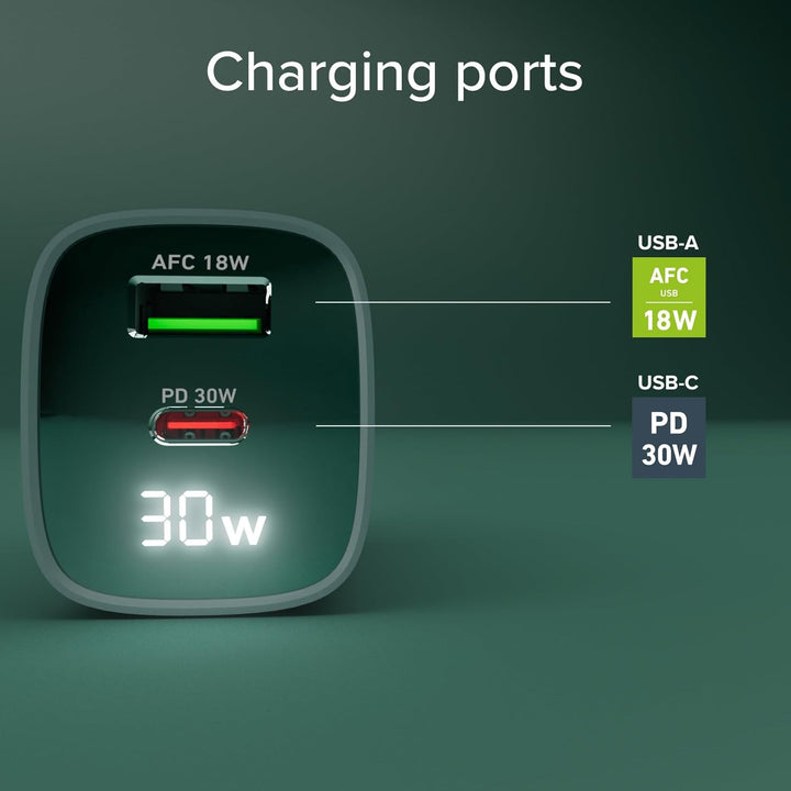 SBS Mehrport-Ladegerät 30W mit LCD, 1 USB-C-Anschluss und 1 USB-A-Anschluss, EU-Stecker, Power Deliv