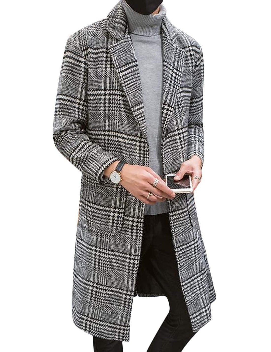 UANEO Herren Winter-Trenchcoat mit eingekerbtem Kragen, einreihig, kariert, mittellang, Peacoat-Über