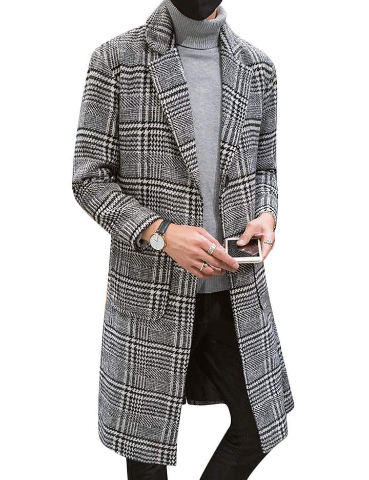 UANEO Herren Winter-Trenchcoat mit eingekerbtem Kragen, einreihig, kariert, mittellang, Peacoat-Über