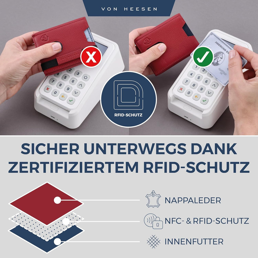 VON HEESEN Slim Wallet mit Münzfach & RFID-Schutz - Leder Geldbeutel - Mini Geldbörse für Herren und