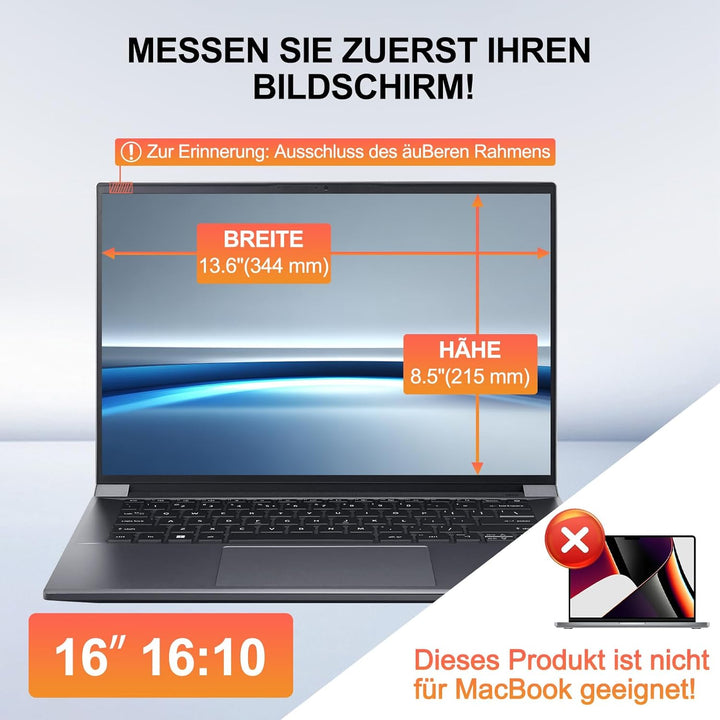 360° Blickschutzfolie für 16 Zoll Laptop 16:10 Seitenverhältnis, Abnehmbarer Anti Spy Sichtschutzfol