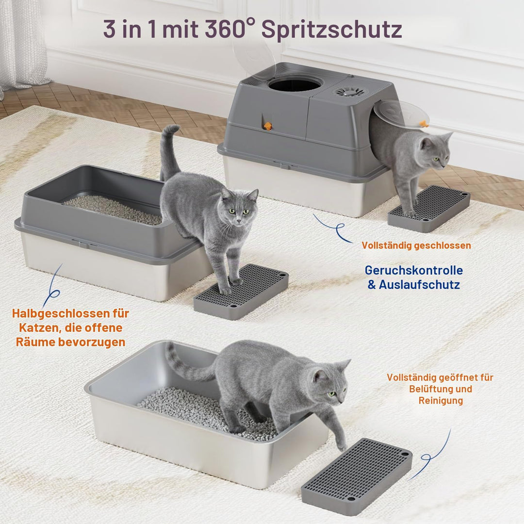 Katzenklo Edelstahl mit Deckel, XL Katzentoilette Geschlossen mit Schaufel, Zwei-Tür-Konfiguration,