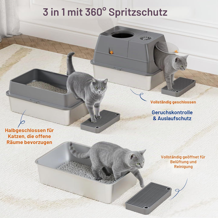 Katzenklo Edelstahl mit Deckel, XL Katzentoilette Geschlossen mit Schaufel, Zwei-Tür-Konfiguration,