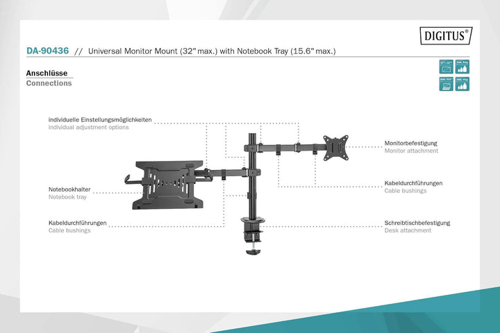 DIGITUS Universal Monitorhalter mit Notebookhalterung / up to 39,6 cm notebook 32" monitor / 15.6" C