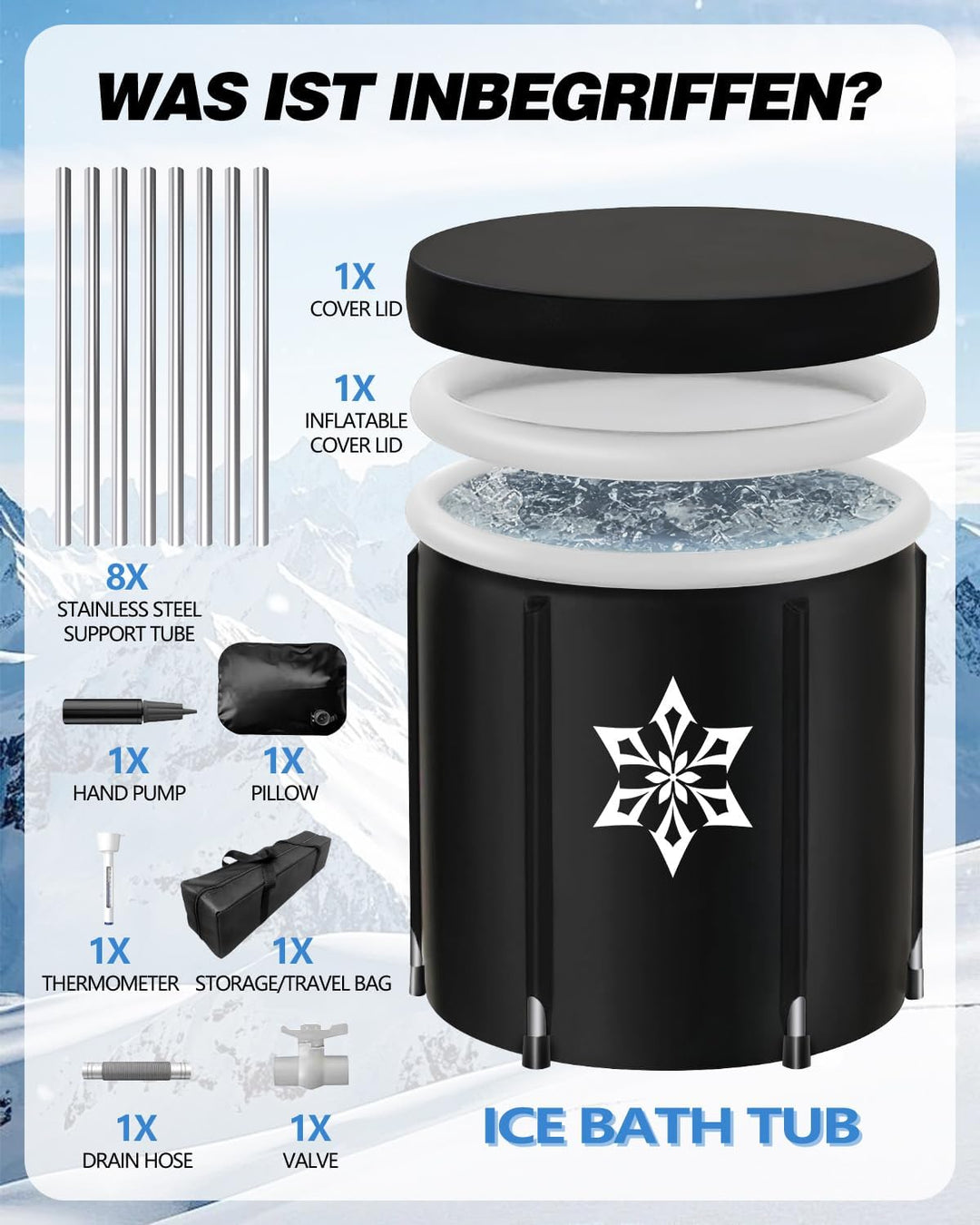 Eisbad Tonne mit Kühlsystem (80 cm Ø) XL, Eistonne Eisbaden mit 8 Edelstahlstangen, Sporttasche/Hitz