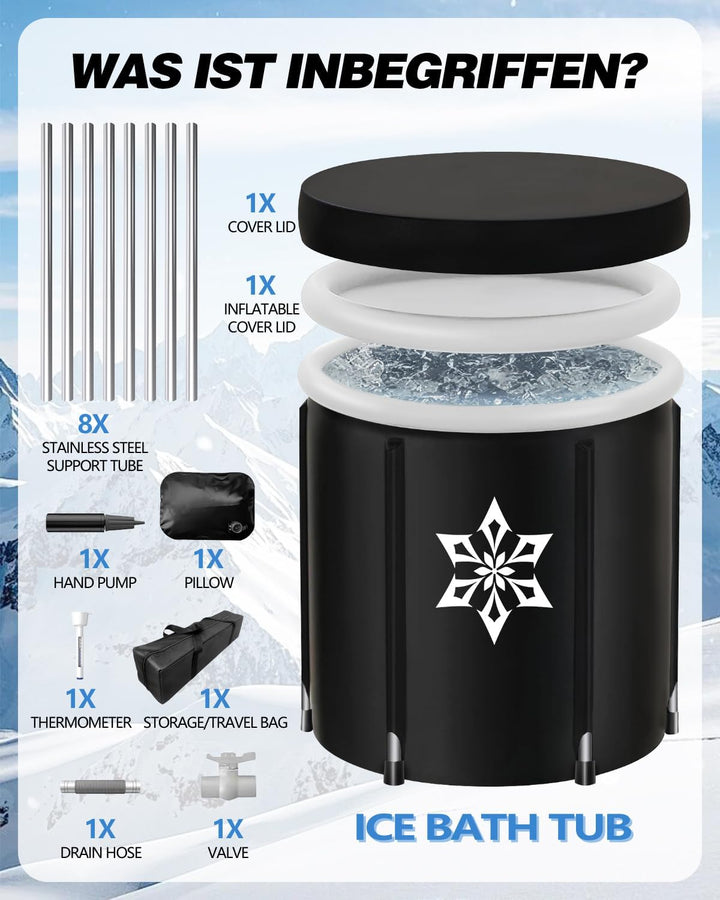 Eisbad Tonne mit Kühlsystem (80 cm Ø) XL, Eistonne Eisbaden mit 8 Edelstahlstangen, Sporttasche/Hitz