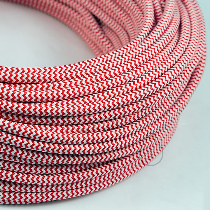 Amarcords - Textilkabel für Lampen WEISS-ROTES ZICKZACK, rund, Seide, 3 Meter, mit Erdung 3x0,75 - S