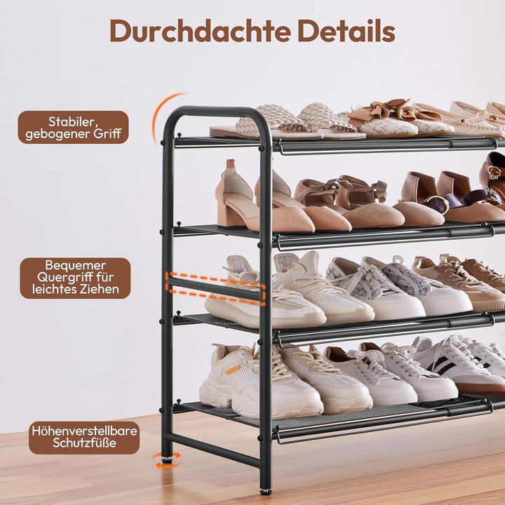 Yaheetech Erweiterbares Schuhregal aus Metallgeflecht, 4 Ebenen Verstellbarer Schuhständer, 50 bis 8