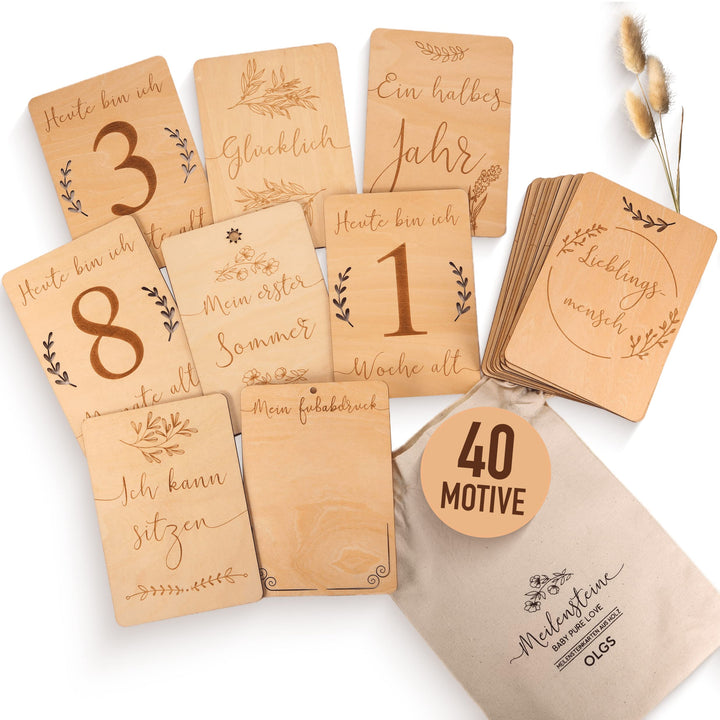 OLGS Holz Meilensteinkarten Baby | 40 Meilensteine mit Stoffbeutel | Geschenkidee für werdende Mütte
