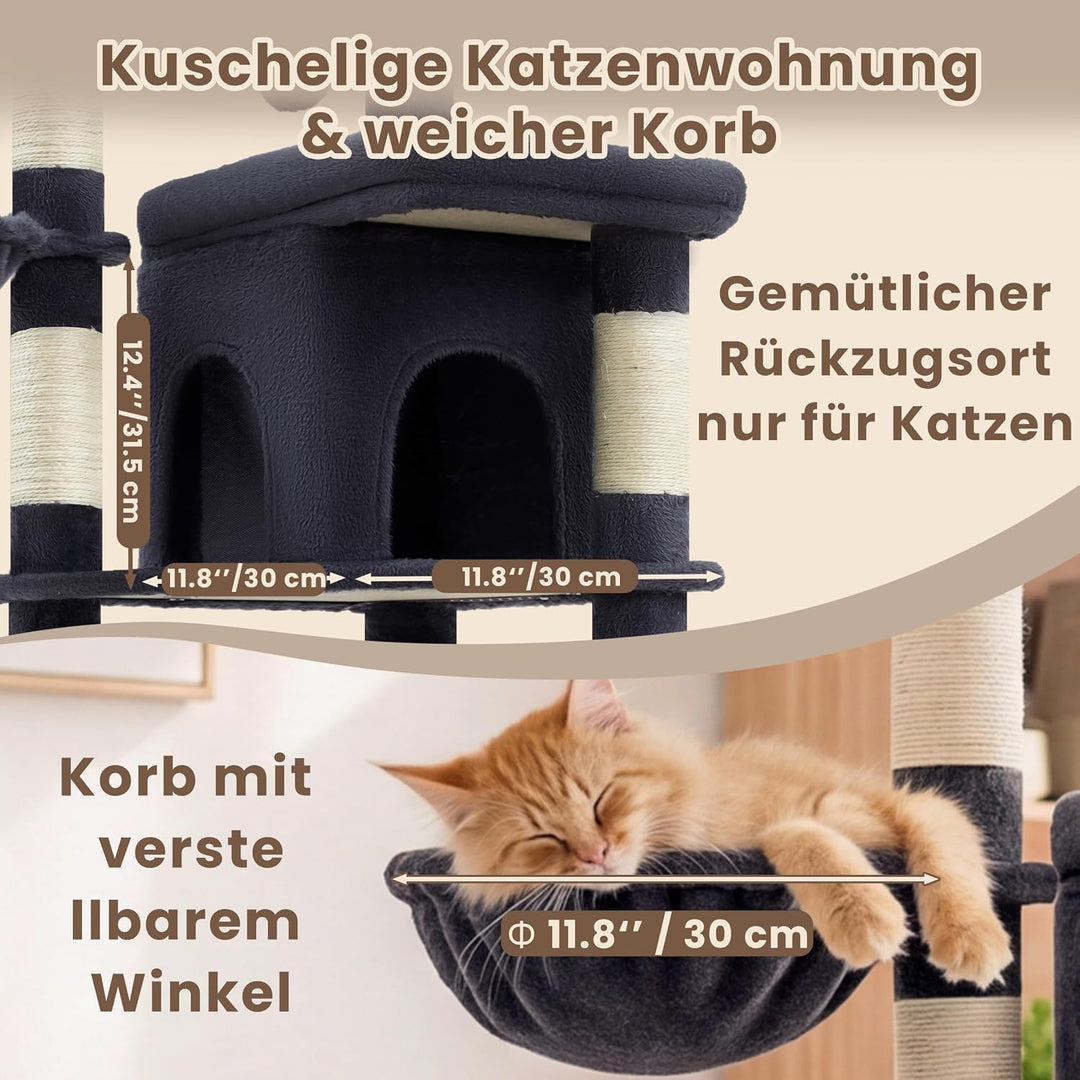 Heybly kratzbaum 142 cm mit Leichtem Aufstieg, 2 Ruheplattformen, Katzenhöhle, Hängematte und Korb,