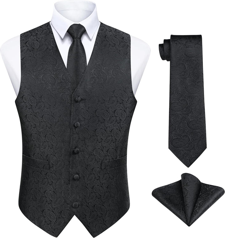 Enlision Herren Paisley Floral Jacquard Weste & Krawatte und Pocket Square Weste Anzug Set XXL Schwa