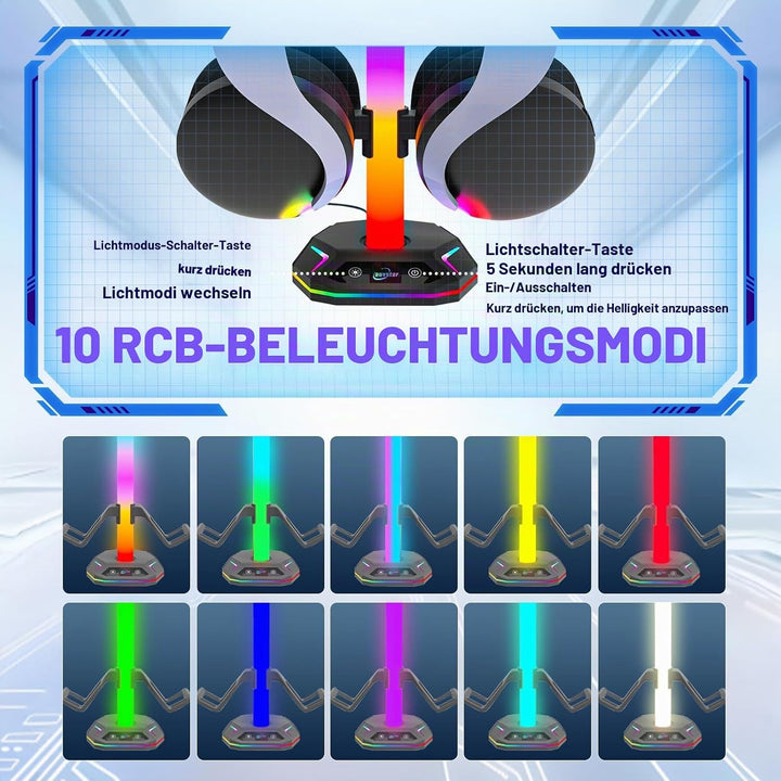 auvstar RGB Headset Halterung,Gaming Kopfhörer Ständer,10 Beleuchtungsmodi,USB Type-C Datenübertragu