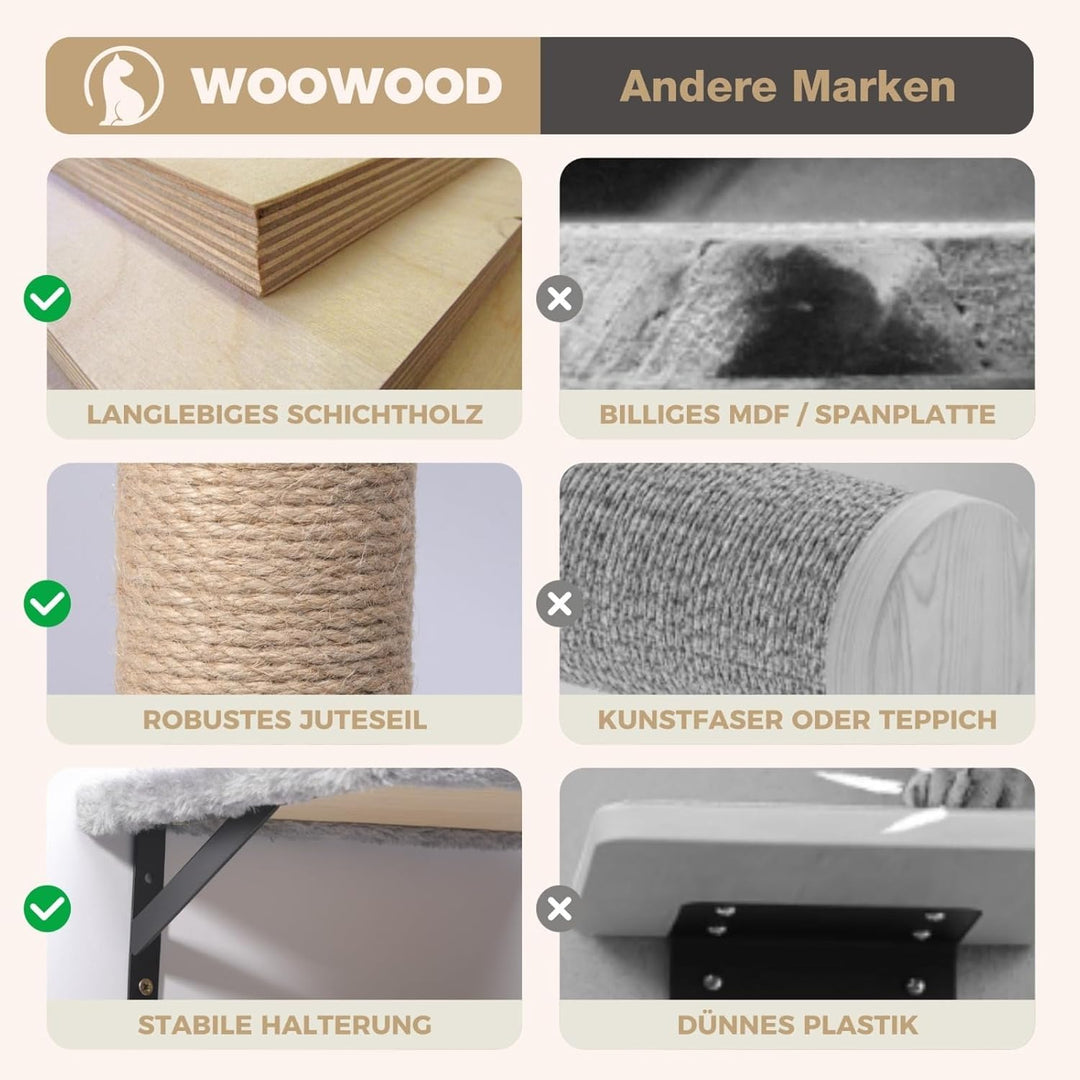 WOOWOOD® Kletterwand Katzen Set inkl. Katzentreppe Wand I Kratzbaum Wand I Hängematte Katze I Wandkr